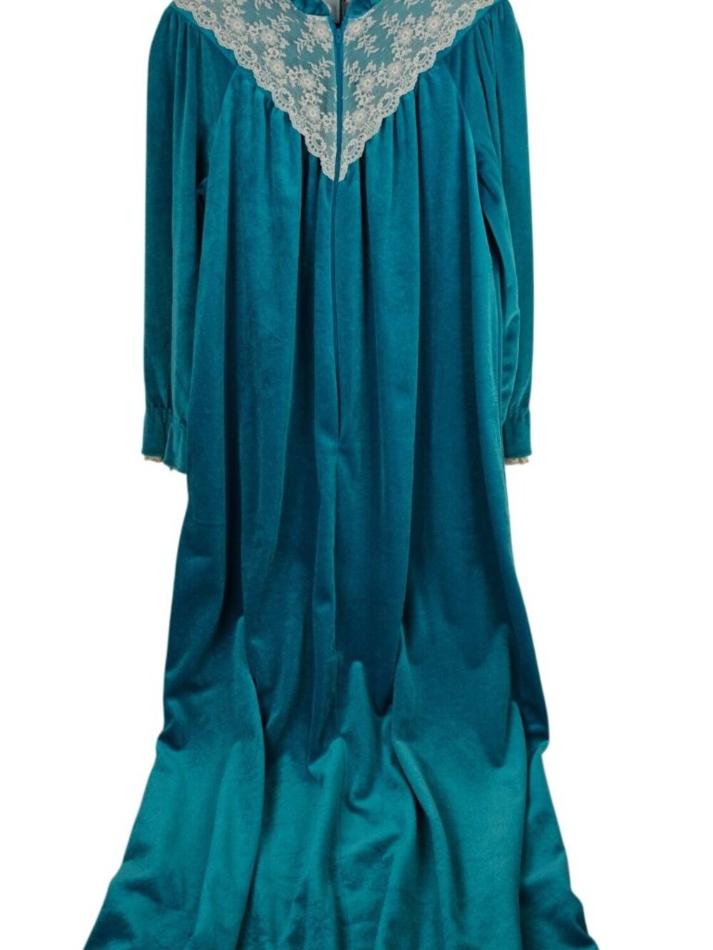 Vintage JCPenney Women's Long-Sleeve Nightgown Robe Teal Velour Lace Trim L